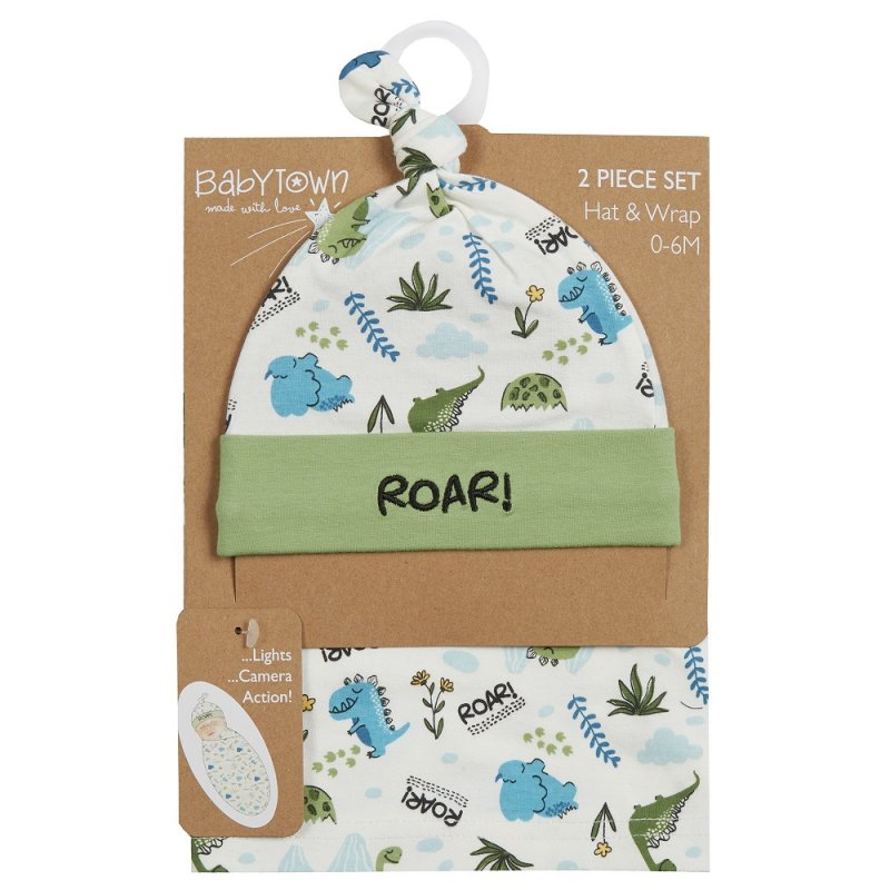 Set aus Mütze und Wickeltuch mit Dinosaurier-Print