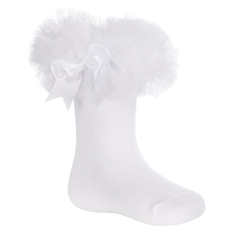 Baby Girls White Tutu Frill Socks with Bow - 1 Pair (0-6 months)