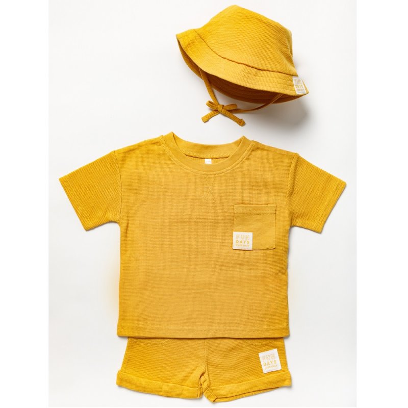 Baby Boys Waffle Top, Short & Bucket Hat Outfit - Perfect for Summer