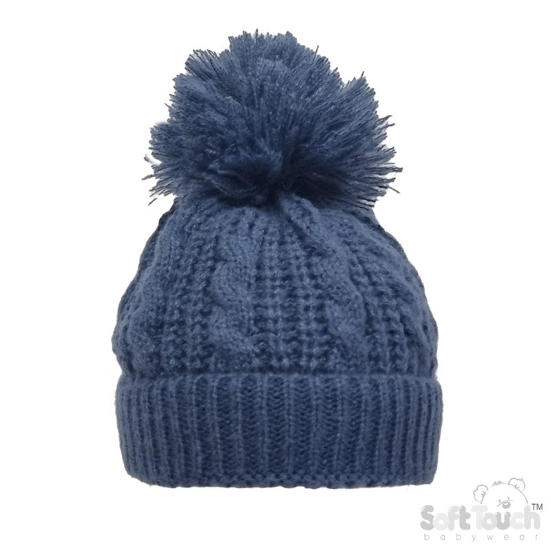 Baby Boys Cable Knit Hat with Pom Pom - NB to 12 Months