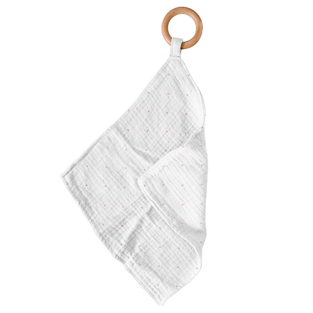 Plain white Newcastle classics wooden ring teether toy with comforter blanket