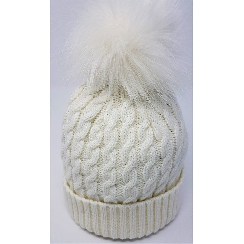 Baby Cable Knit Hat with Fur Pom Pom - White, Perfect for Winter 0-6 Months