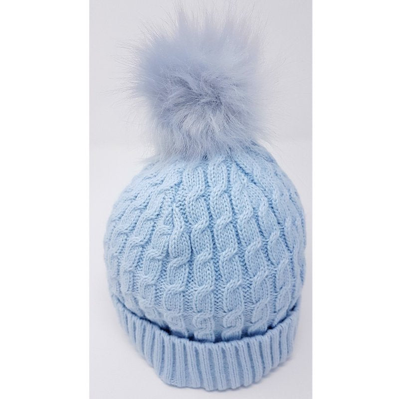 Baby Cable Knit Fur Pom Hat in Sky Blue Color 0-6 Months