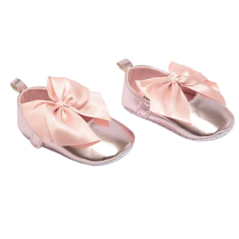 Baby Pink Shiny PU Shoes with Strap and Bow (0-12 Months) - Perfect for Your Little Princess