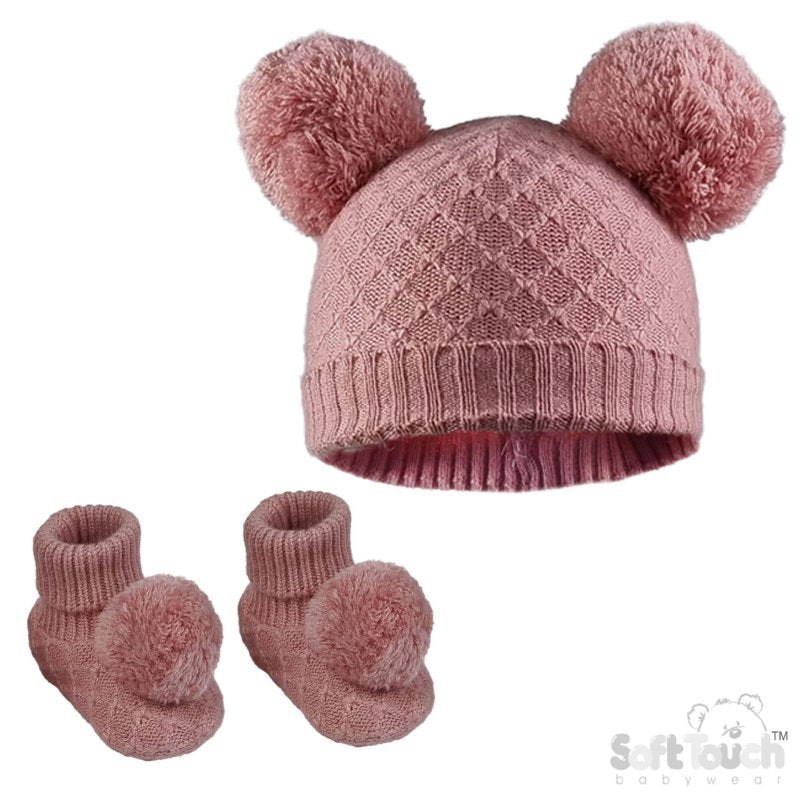 Baby Girls Newborn-6 Months Pom Pom Hat & Bootee Set - Perfect for Your Little Princess