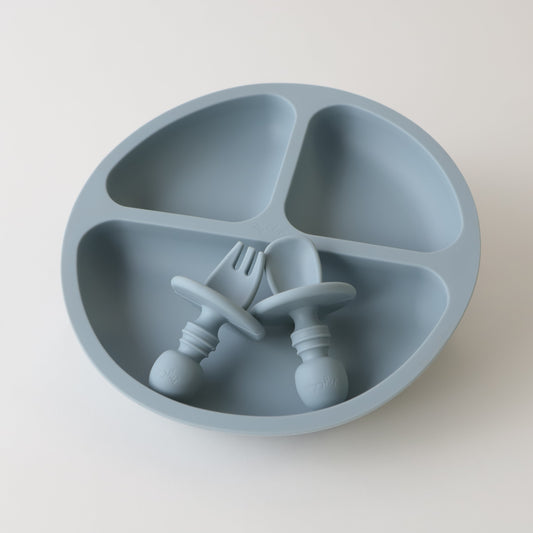 Silicone Blue Section Feeding Suction Plate With Mini Cutlery