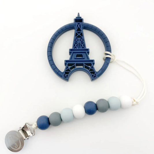 Gummy chic blue Paris Tower inspired sensory silicone teether toy