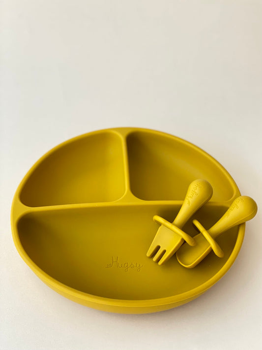 Mustard Silicone Section Suction Plate With Mini Cutlery